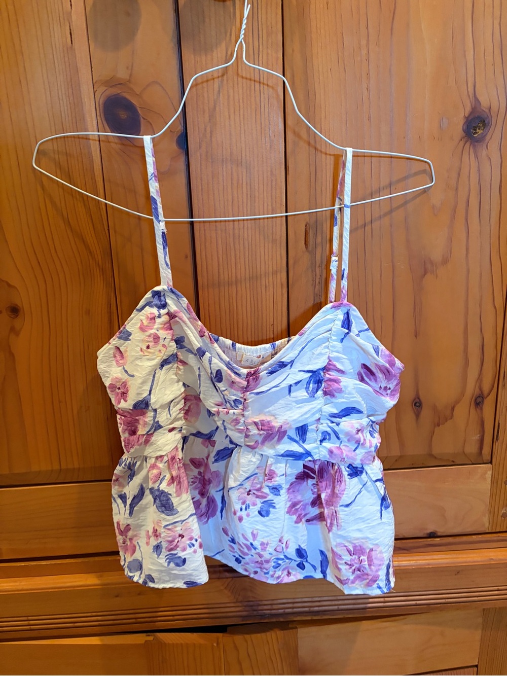 ILLA ILLA White Spaghetti Strap Floral Peplum Top with Pink & Blue Flowers